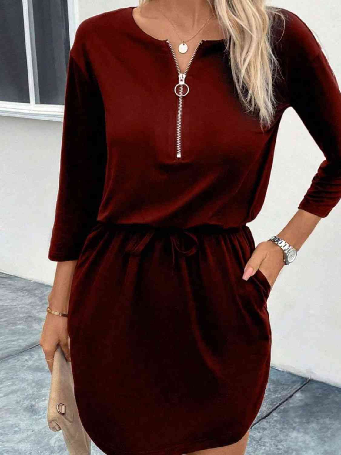 Zip-Up Round Neck Dress - TRENDMELO