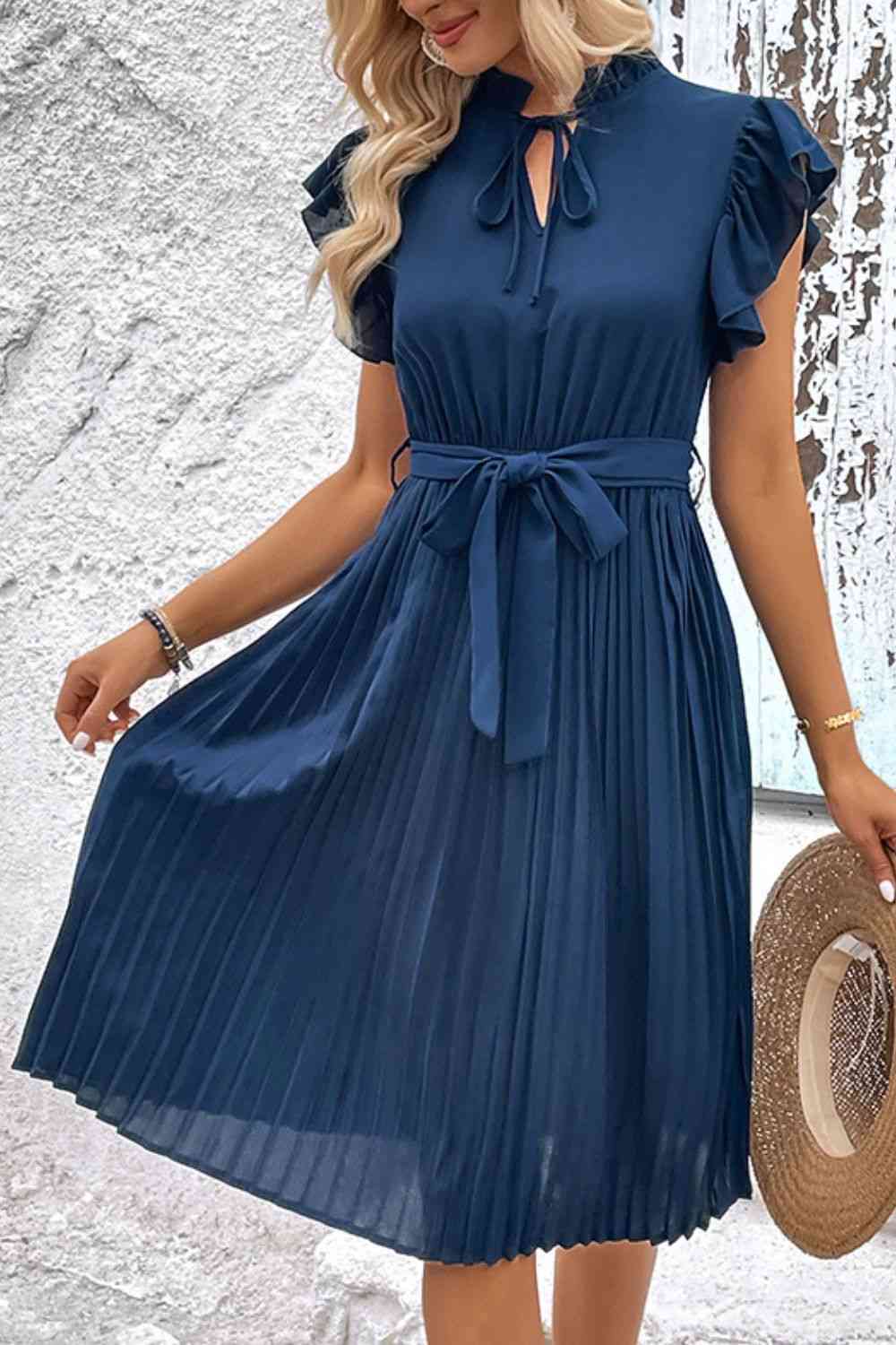 Tie Neck Belted Pleated Dress - TRENDMELO