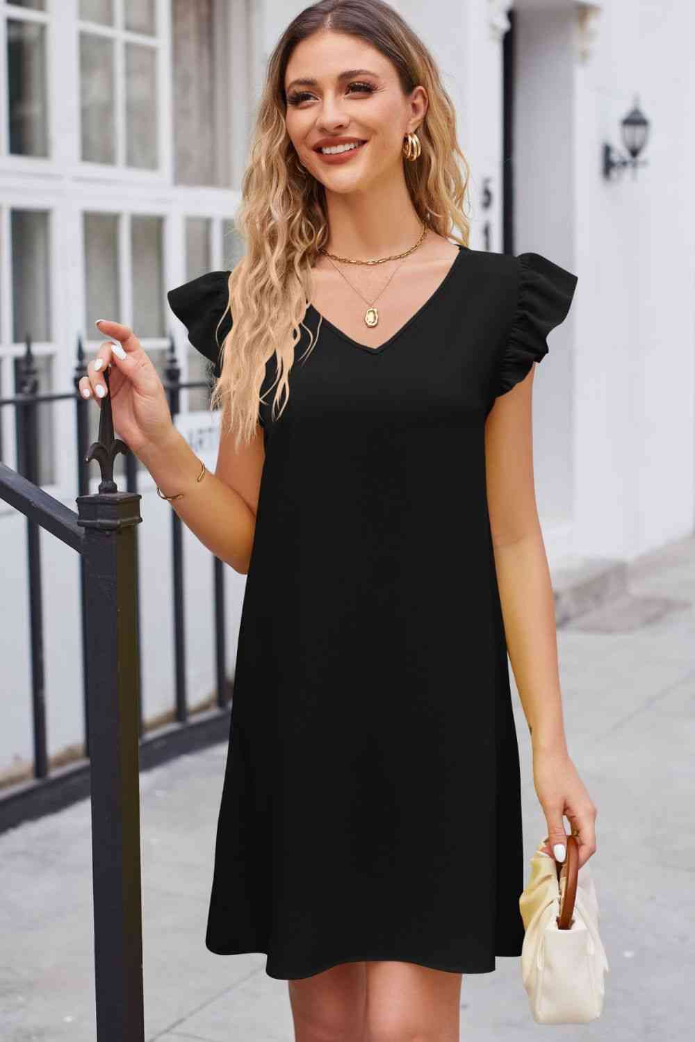 Ruffled V-Neck Flutter Sleeve Dress - TRENDMELO