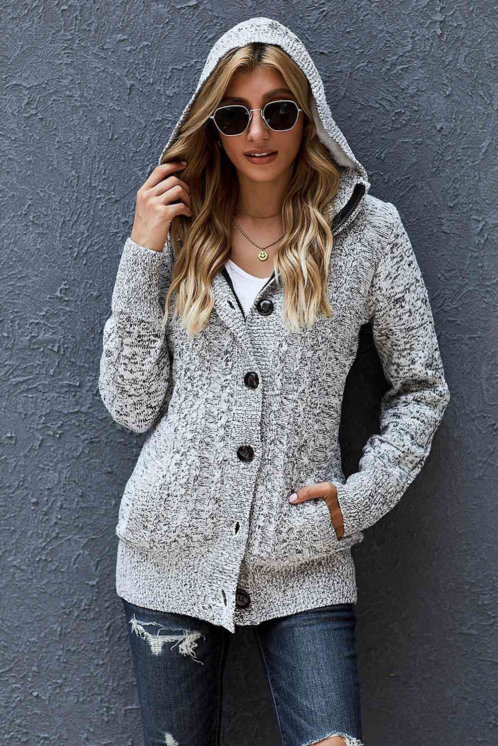 Cable-Knit Fleece Lining Button-Up Hooded Cardigan - TRENDMELO