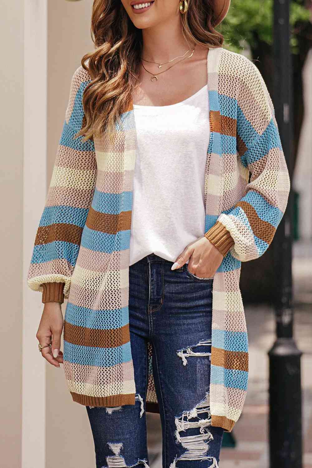 Full Size Striped Long Sleeve Openwork Cardigan - TRENDMELO