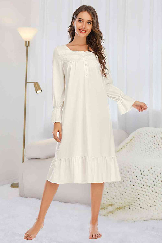 Flounce Sleeve Ruffle Hem Night Dress - TRENDMELO