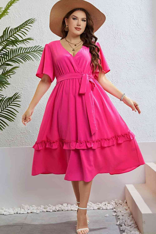 Belted Frill Trim Flutter Sleeve Dress - TRENDMELO