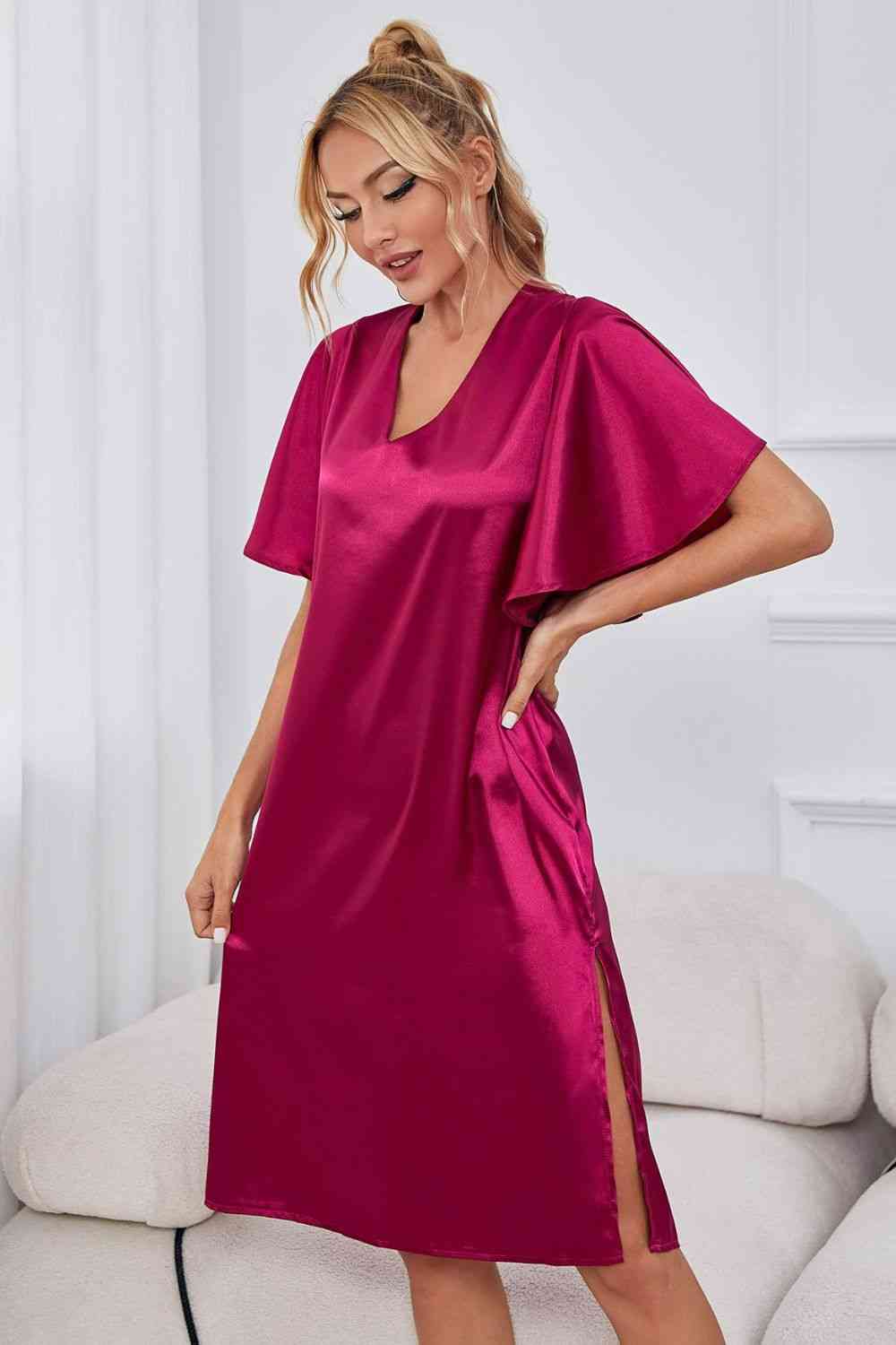 Satin Flutter Sleeve Side Slit V-Neck Night Dress - TRENDMELO