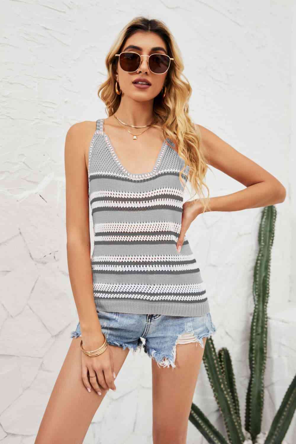 Striped Ribbed Trim Knit Tank - TRENDMELO