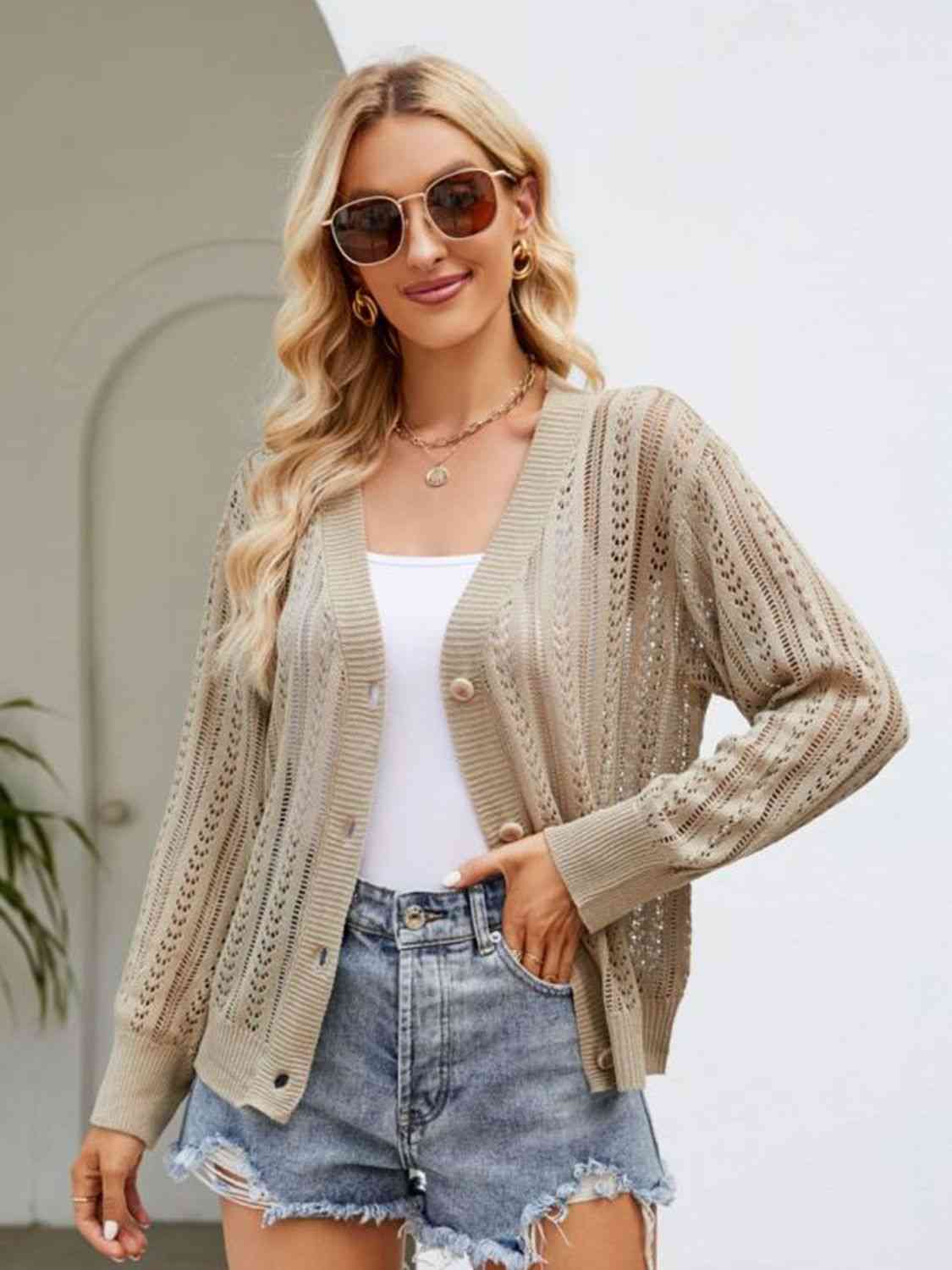 Button Down Ribbed Trim Cardigan - TRENDMELO