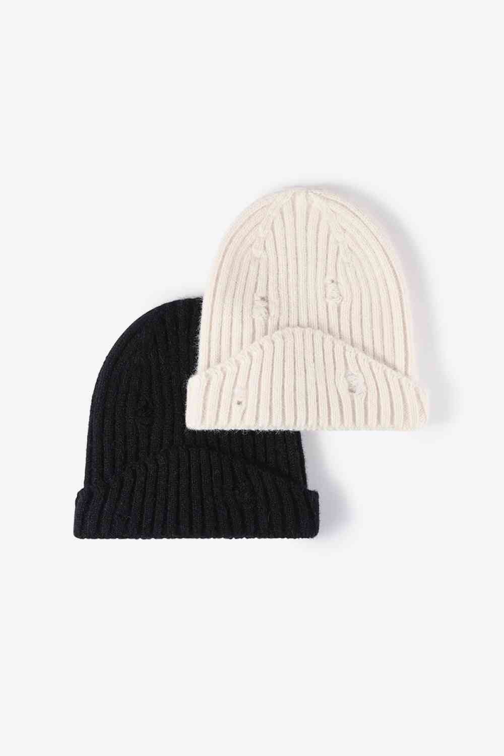 Distressed Rib-Knit Beanie - TRENDMELO