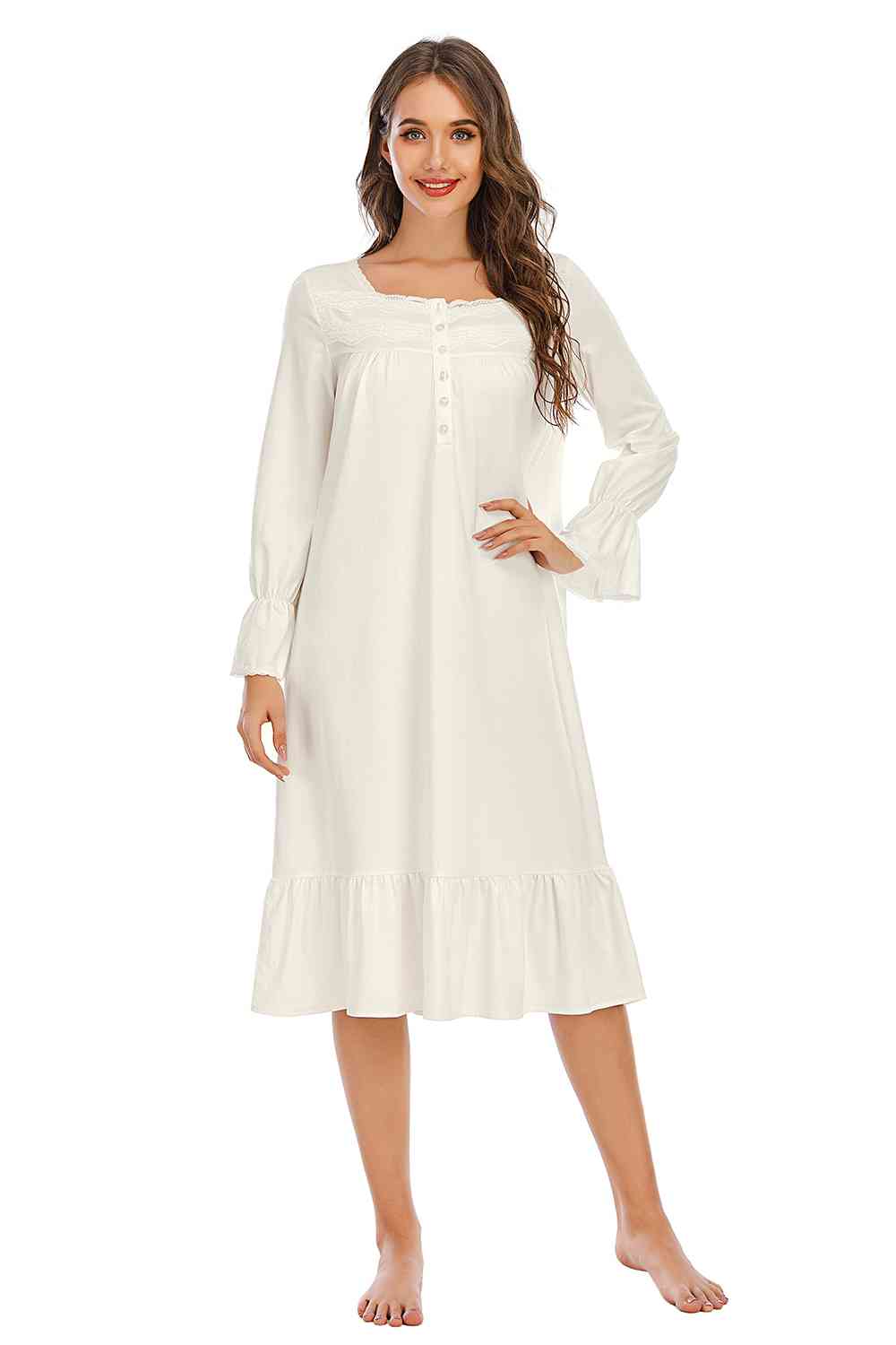 Flounce Sleeve Ruffle Hem Night Dress - TRENDMELO