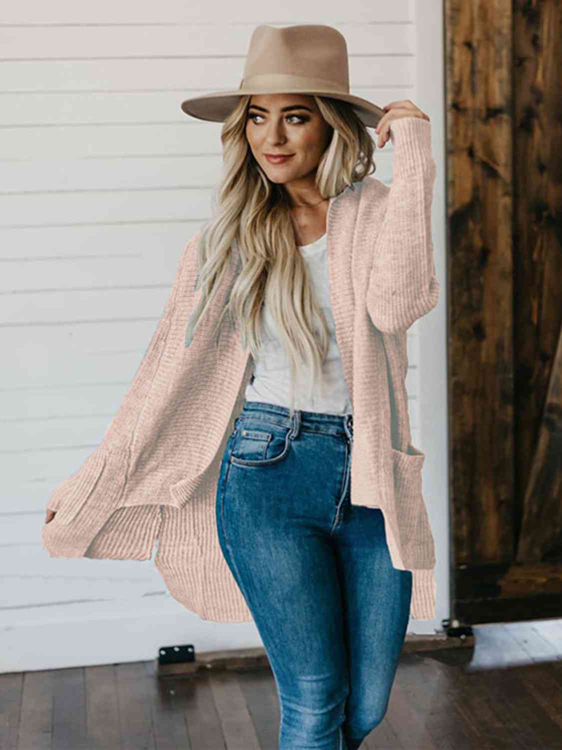 High-Low Open Front Cardigan with Pockets - TRENDMELO