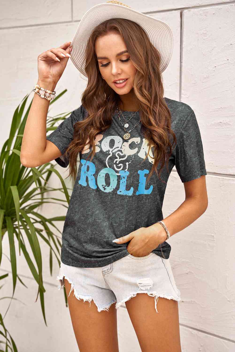 ROCK & ROLL Graphic Round Neck Short Sleeve Tee - TRENDMELO