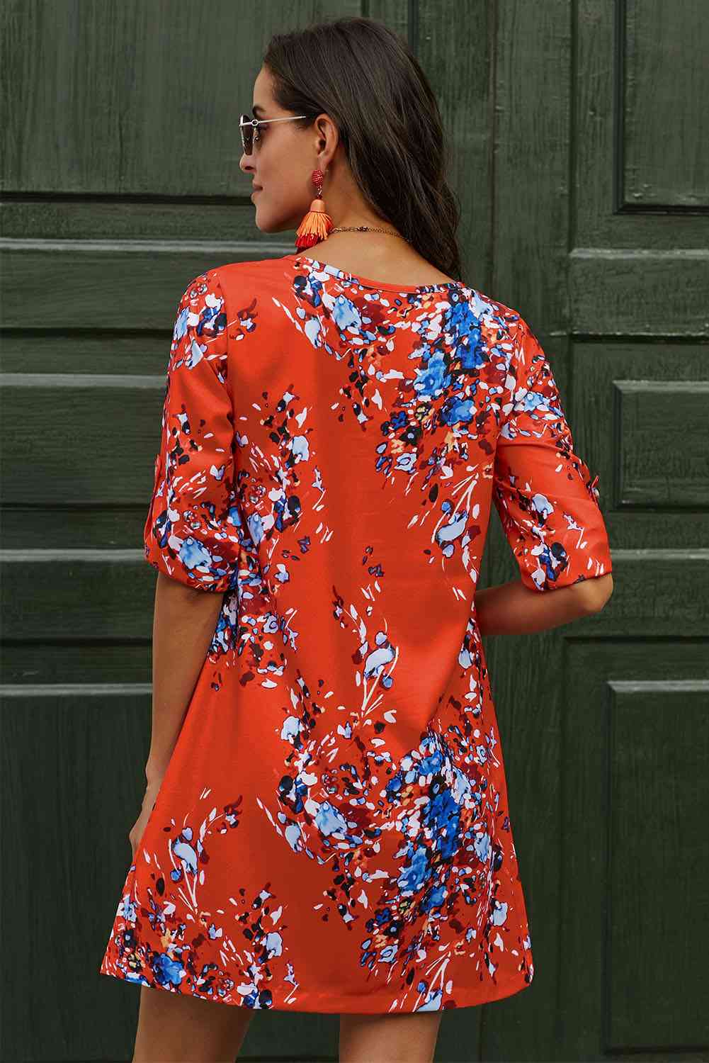 Printed Buttoned V-Neck Half Sleeve Dress - TRENDMELO