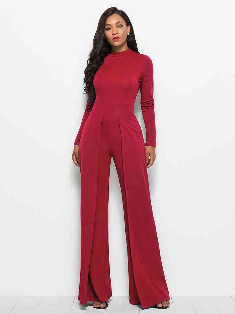 Long Sleeve Mock Neck Wide Leg Jumpsuit - TRENDMELO