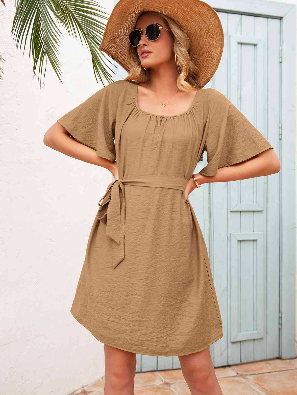 Tie Waist Flutter Sleeve Mini Dress - TRENDMELO