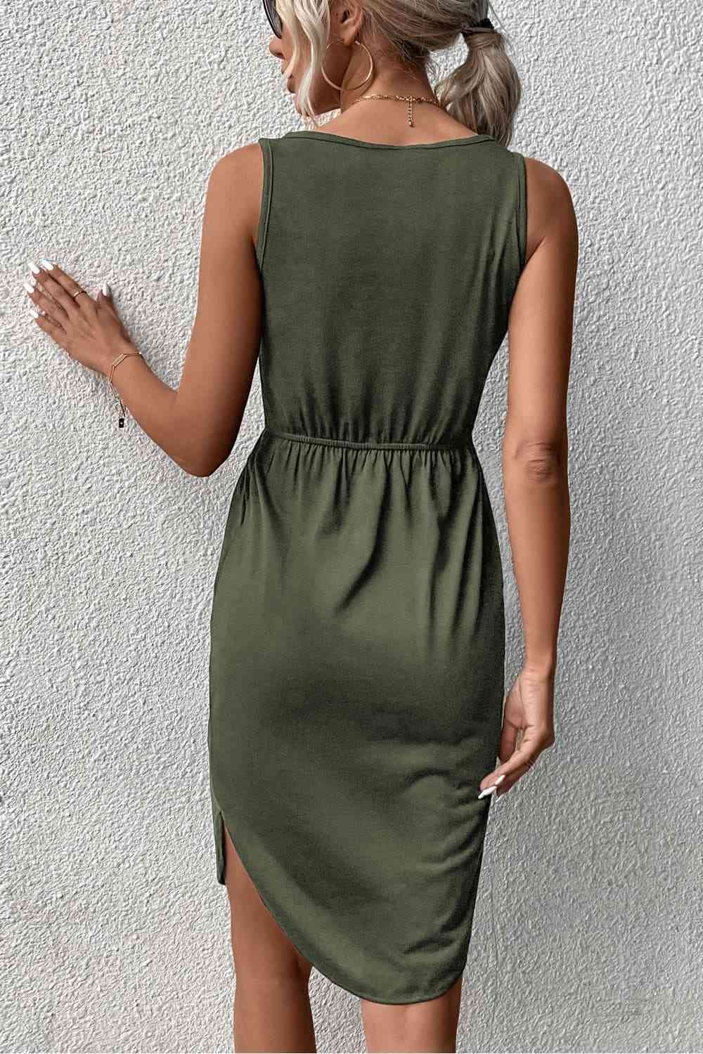 V-Neck Curved Hem Sleeveless Dress - TRENDMELO