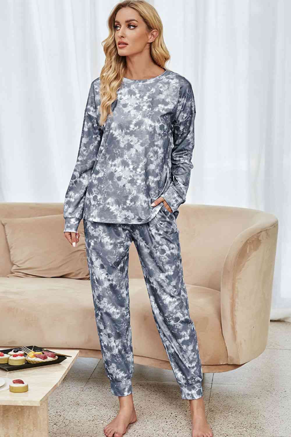 Tie-Dye Long Sleeve Top and Drawstring Joggers Lounge Set - TRENDMELO