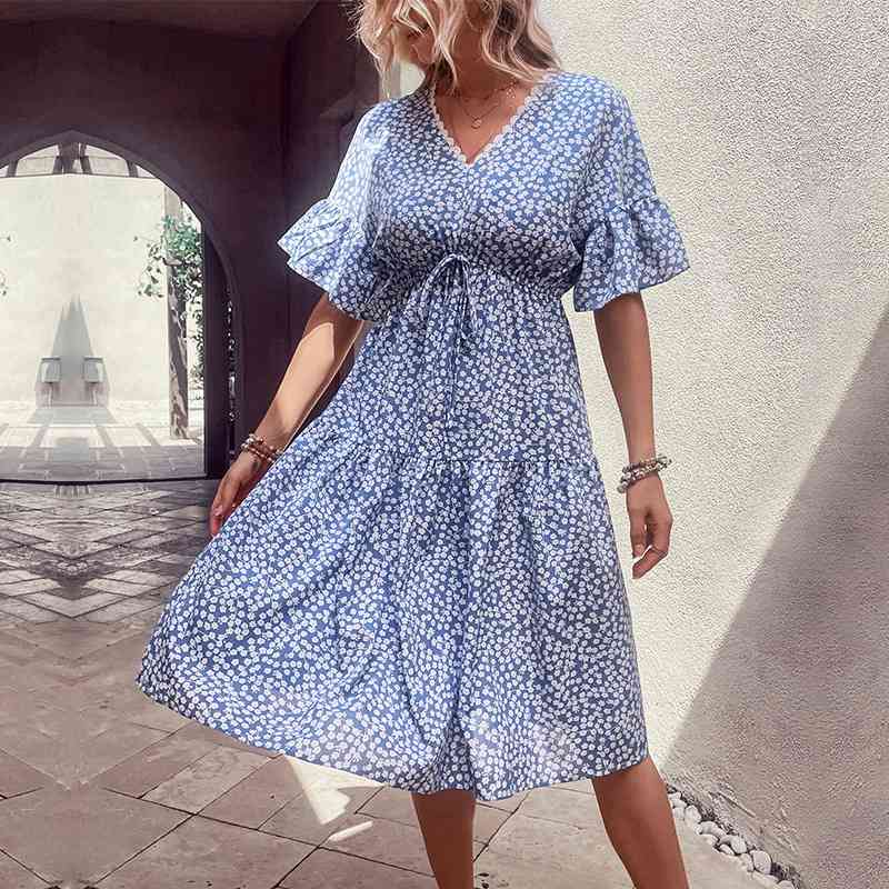 Floral Flounce Sleeve V-Neck Dress - TRENDMELO