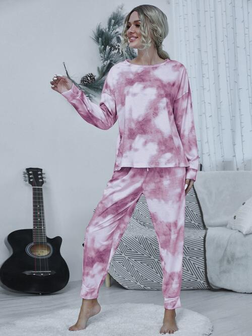 Tie-dye Round Neck Top and Drawstring Pants Lounge Set - TRENDMELO