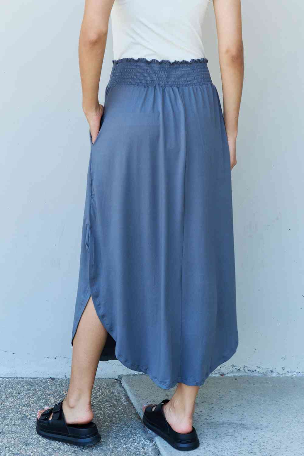 Doublju Comfort Princess Full Size High Waist Scoop Hem Maxi Skirt in Dusty Blue - TRENDMELO