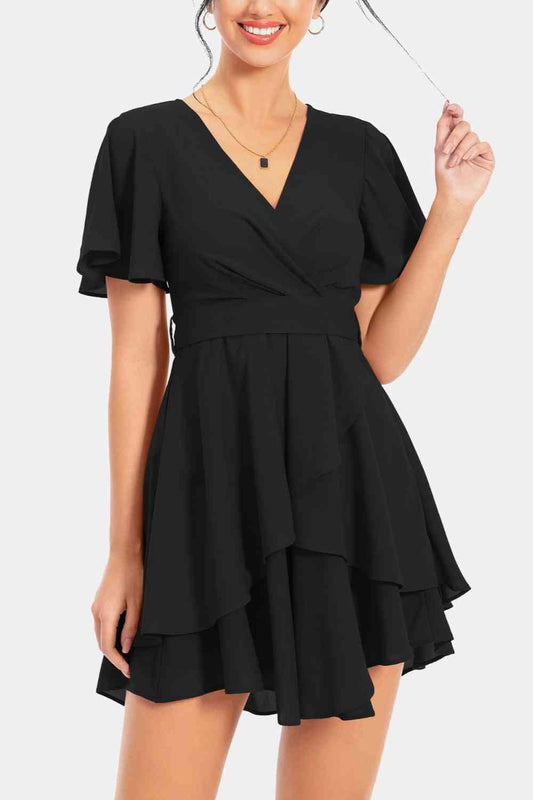 Surplice Neck Flutter Sleeve Dress - TRENDMELO