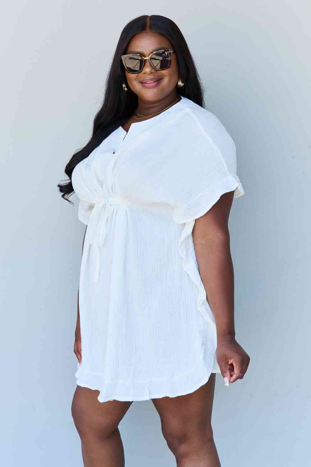 Ninexis Out Of Time Full Size Ruffle Hem Dress with Drawstring Waistband in White - TRENDMELO