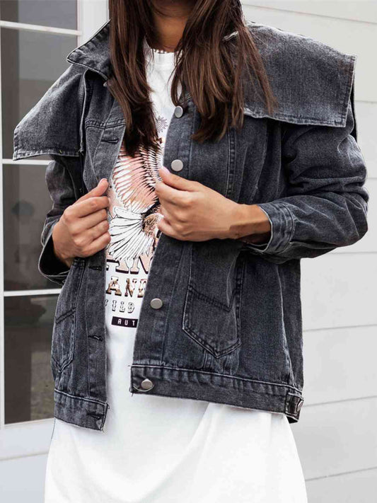 Collared Neck Button Down Denim Jacket - TRENDMELO