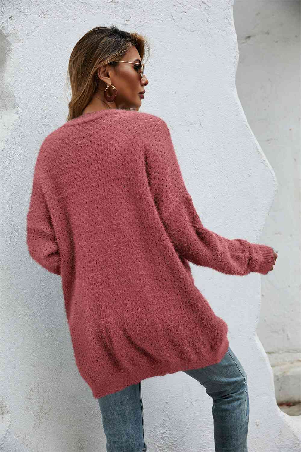 Open Front Openwork Fuzzy Cardigan with Pockets - TRENDMELO