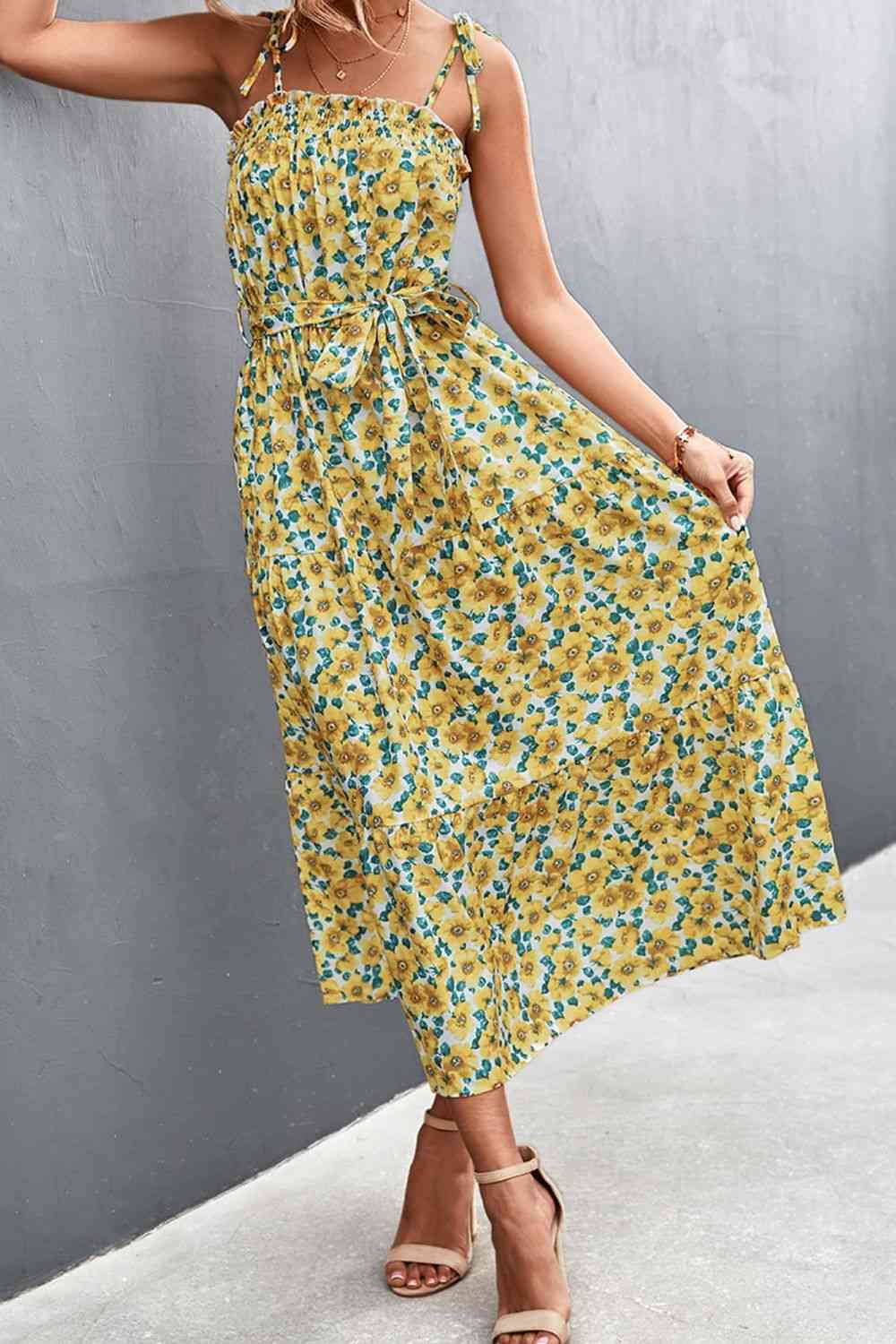 Floral Tie-Shoulder Belted Dress - TRENDMELO