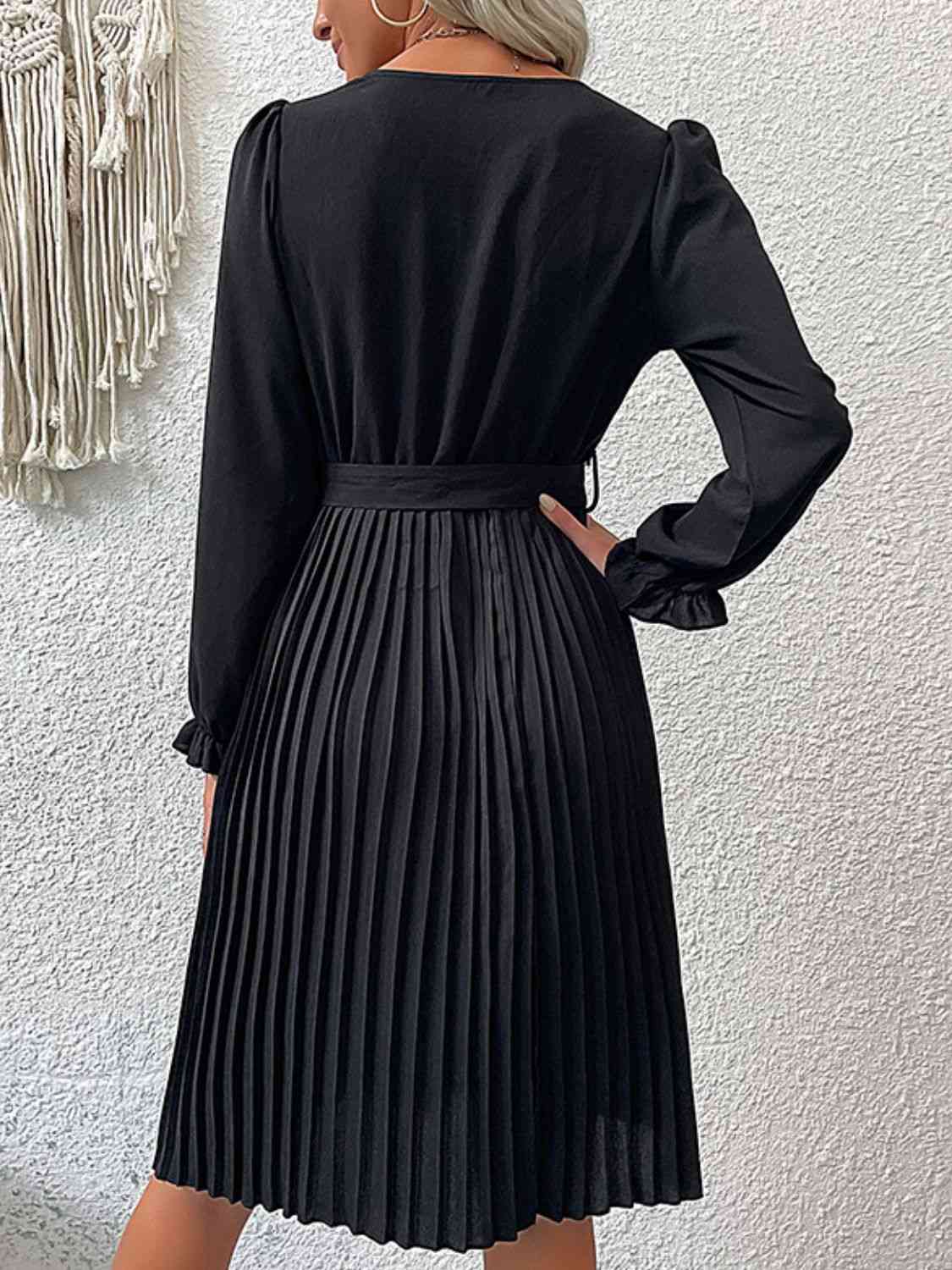 Decorative Button Belted Puff Sleeve Pleated Dress - TRENDMELO