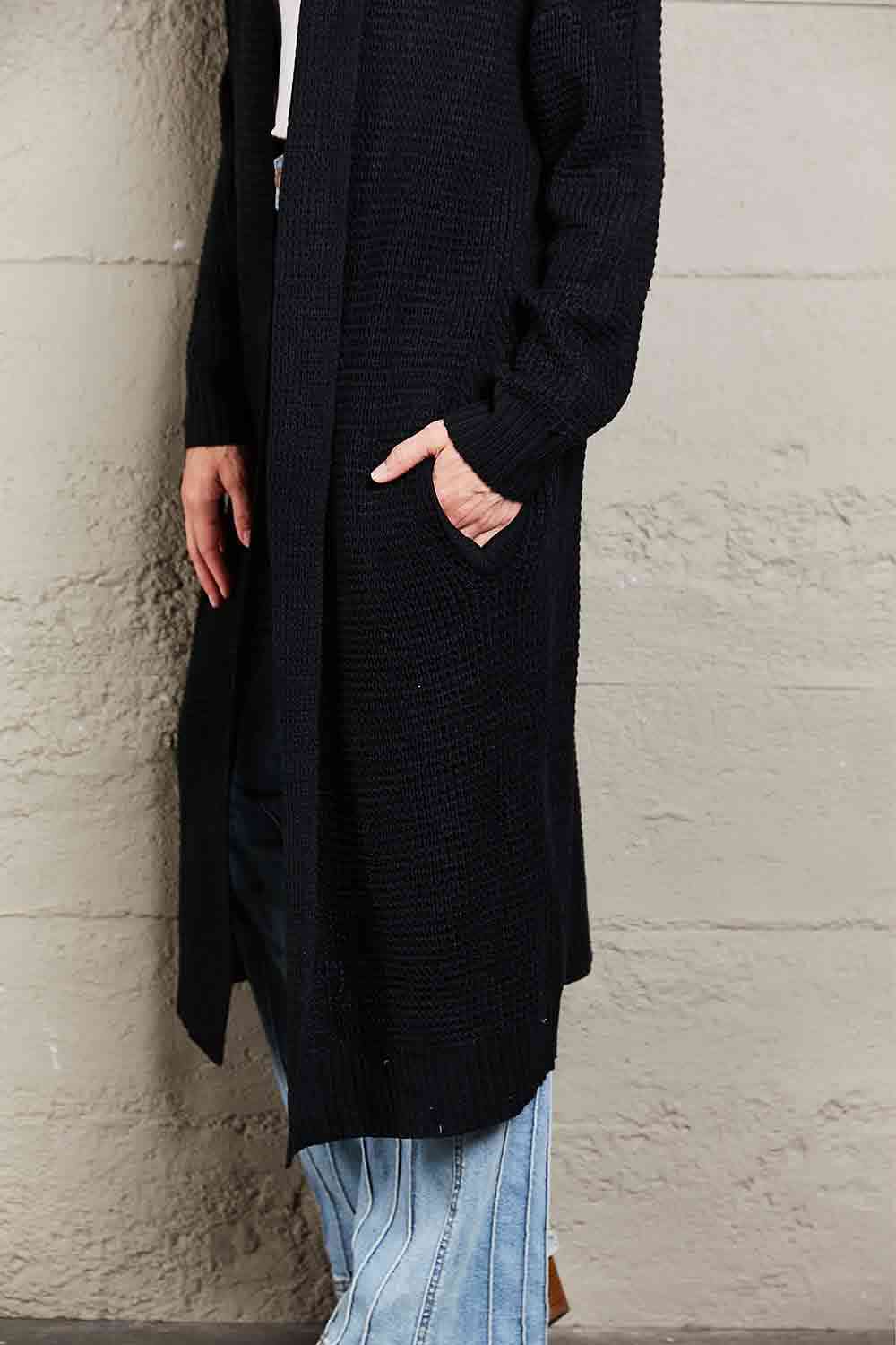 Double Take Waffle Knit Open Front Duster Cardigan With Pockets - TRENDMELO