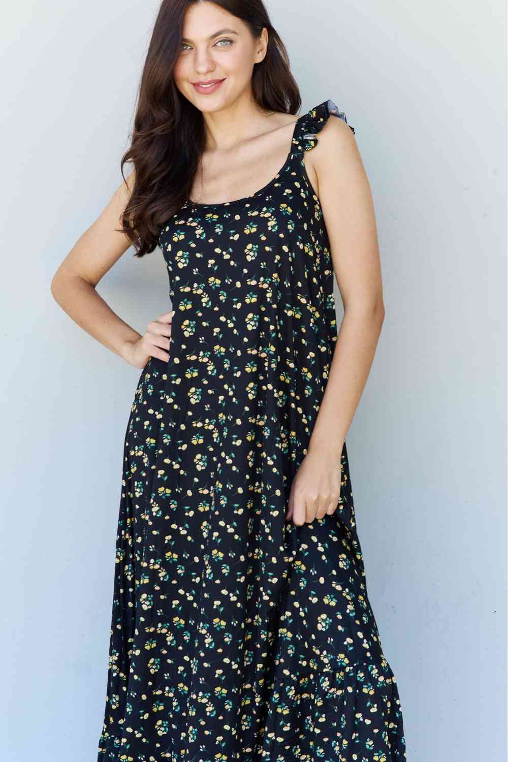 Doublju In The Garden Ruffle Floral Maxi Dress in Black Yellow Floral - TRENDMELO