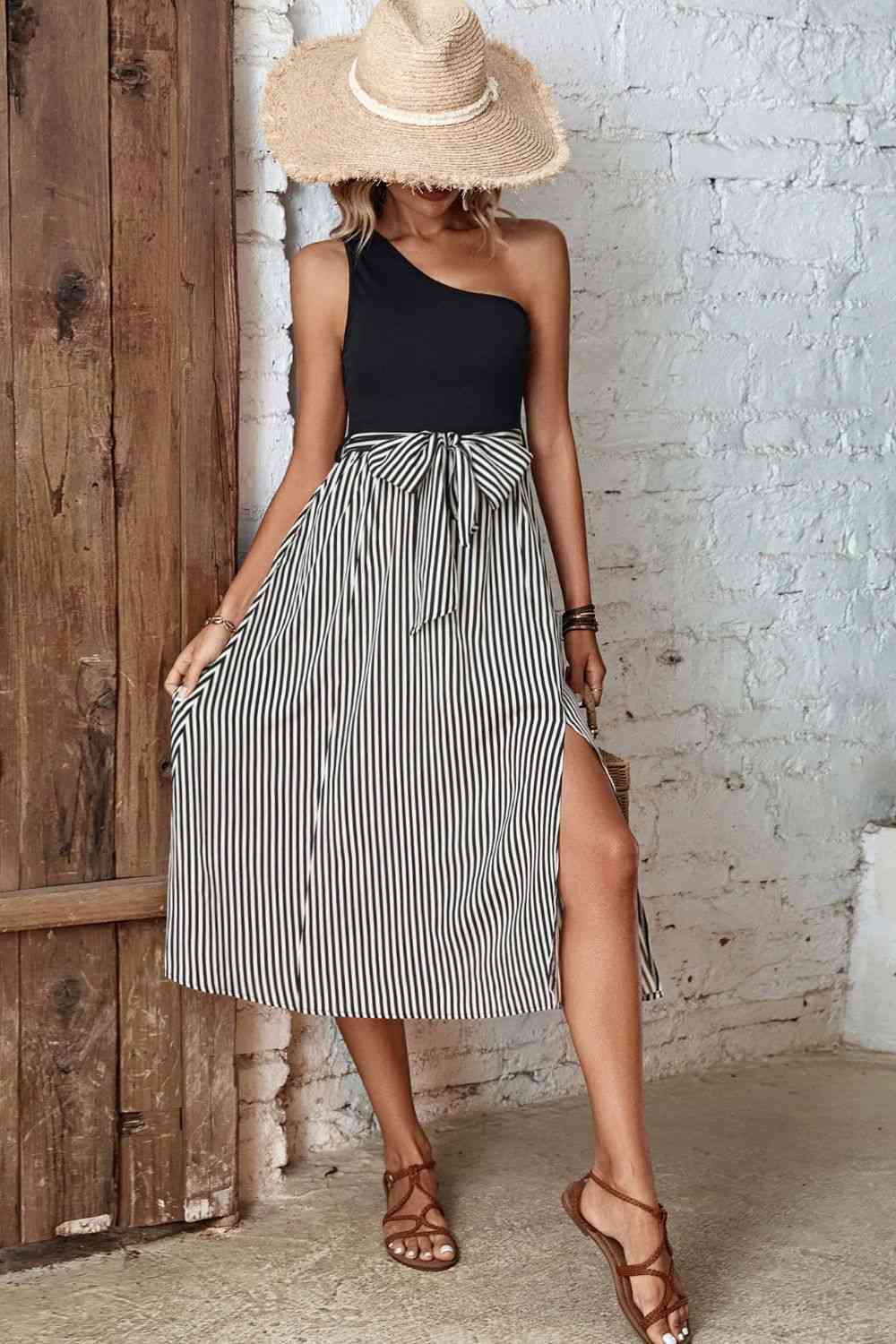 Striped One-Shoulder Slit Dress - TRENDMELO