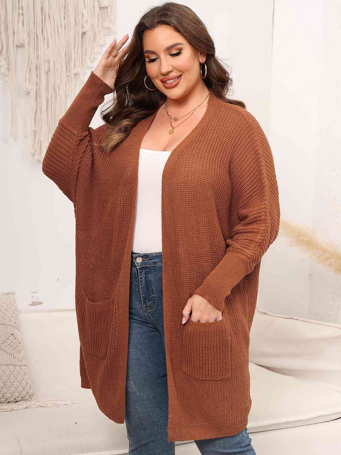 Plus Size Open Front Cardigan With Pockets - TRENDMELO