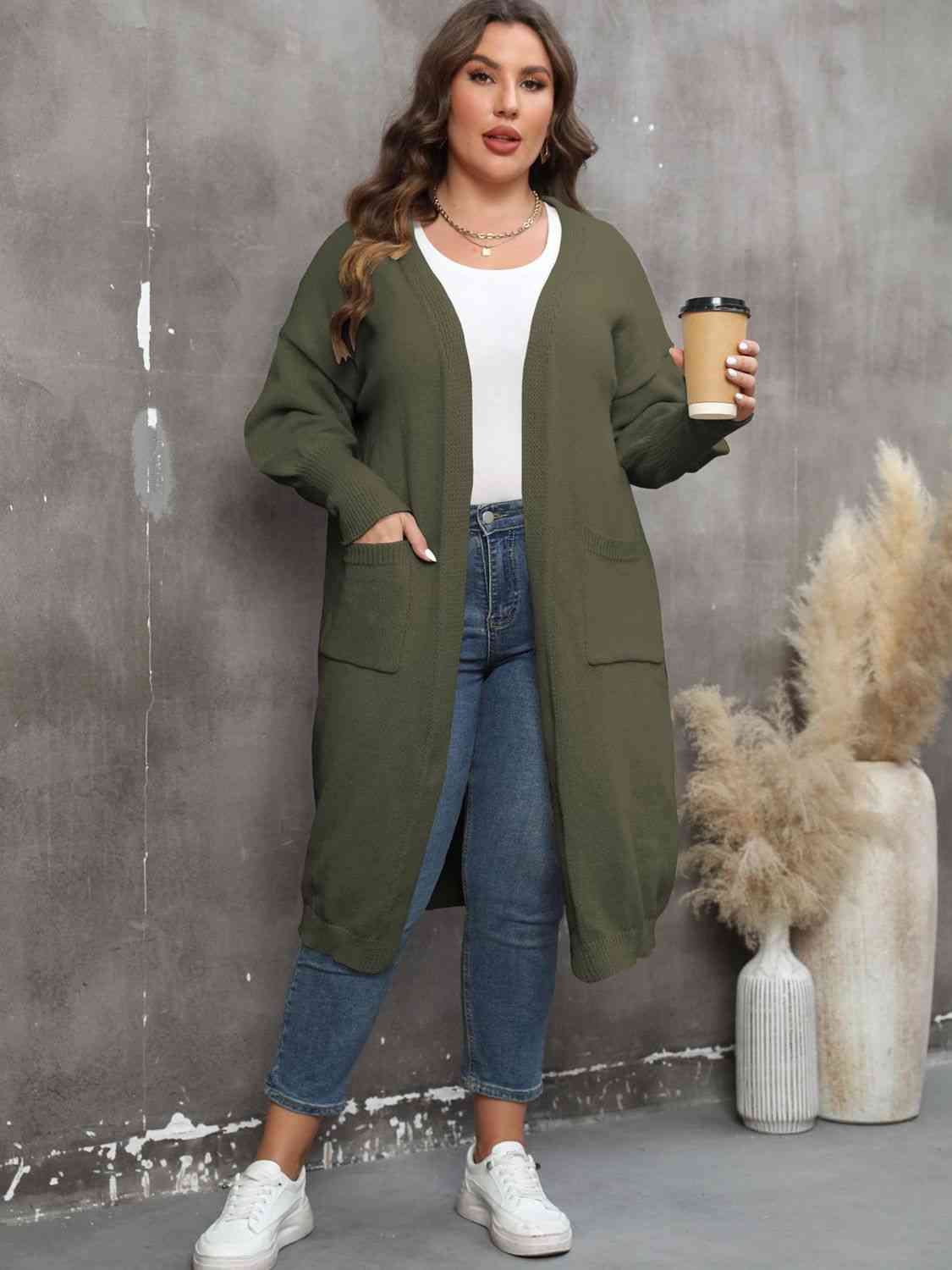 Plus Size Long Sleeve Pocketed Cardigan - TRENDMELO