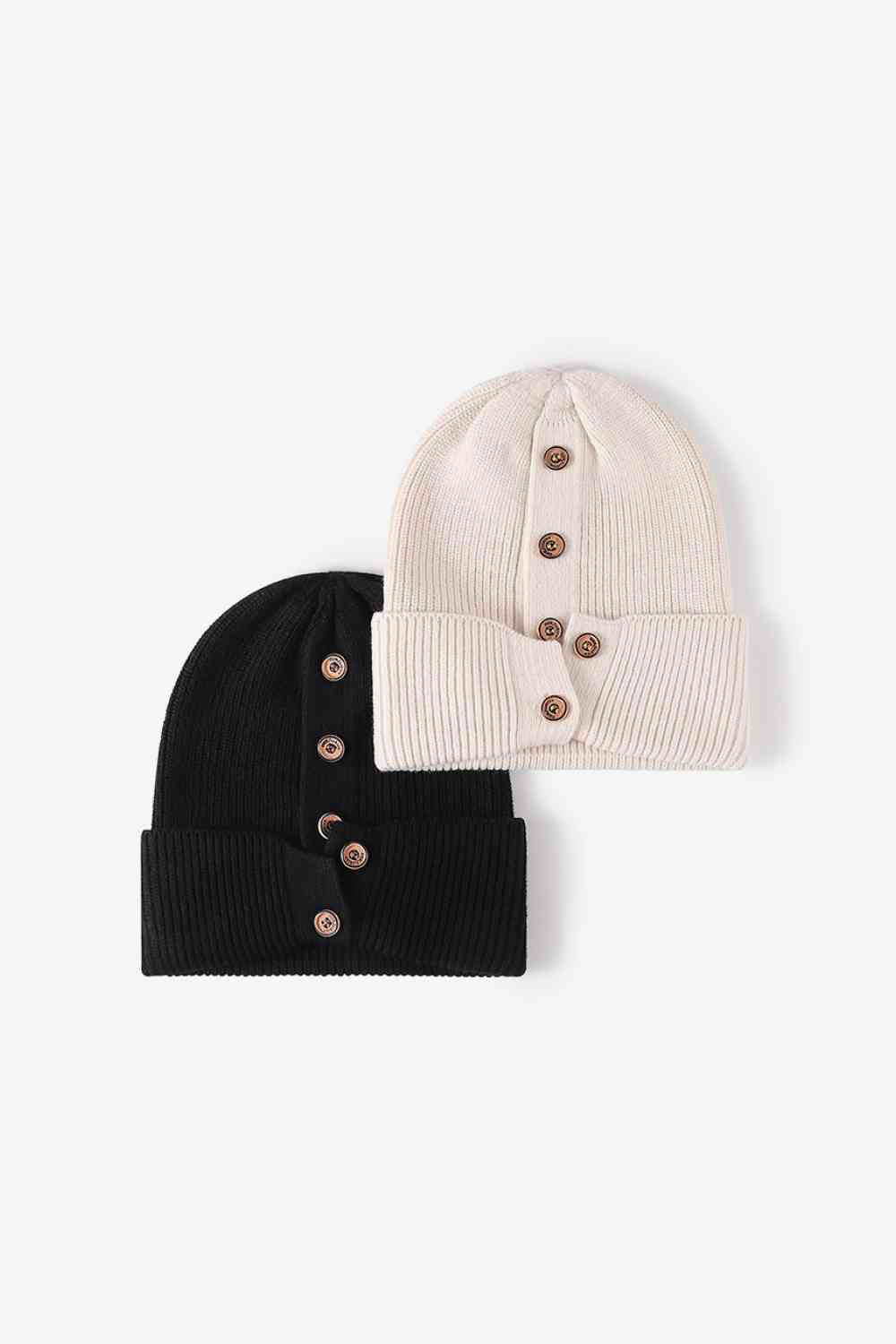 Button Detail Rib-Knit Cuff Beanie - TRENDMELO