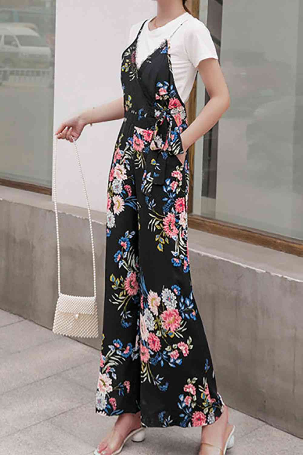 Floral Spaghetti Strap Wide Leg Jumpsuit with Pockets - TRENDMELO