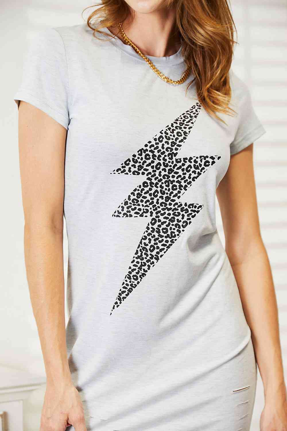 Double Take Leopard Lightning Graphic Tee Dress - TRENDMELO