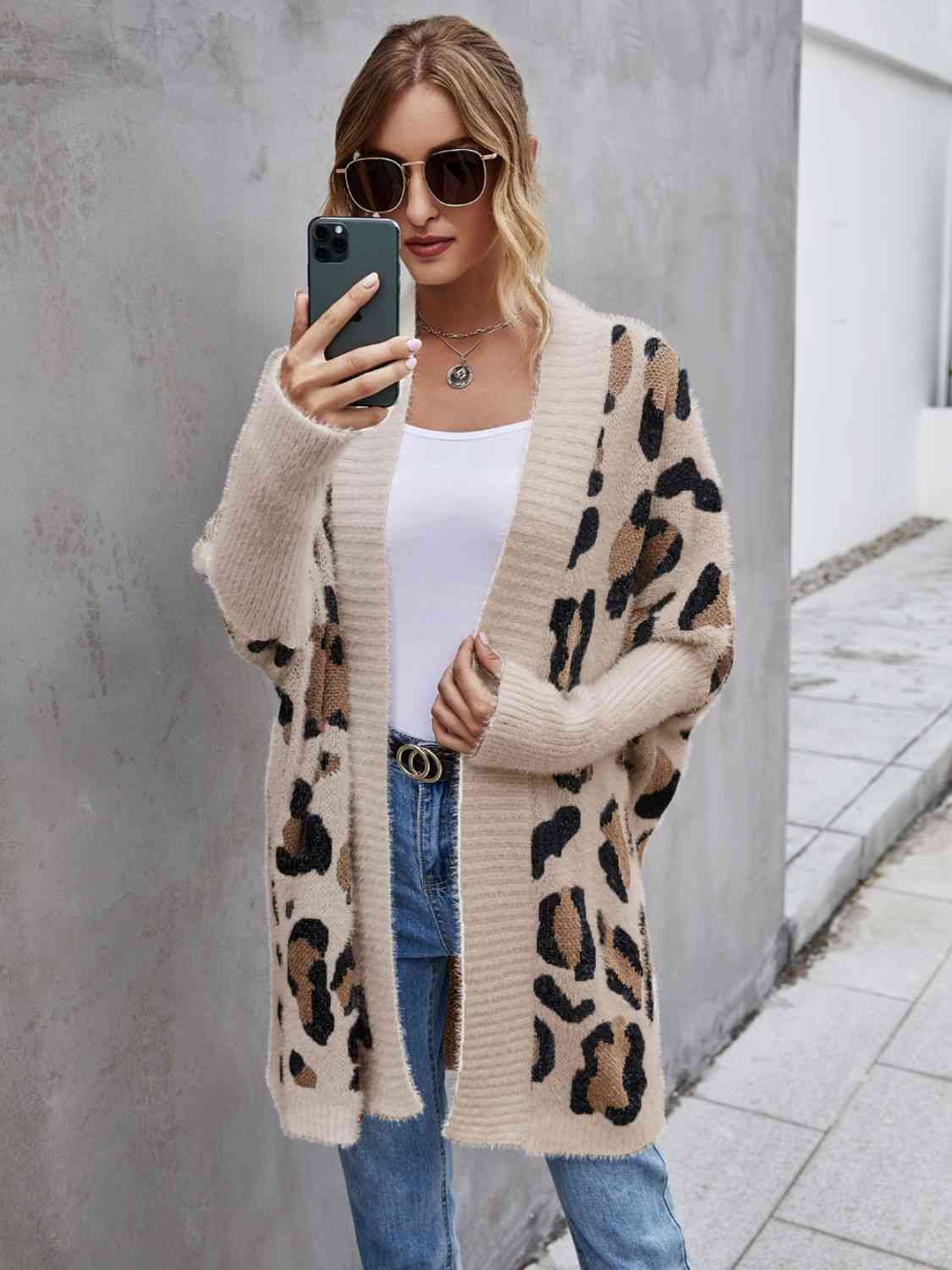 Leopard Pattern Fuzzy Cardigan - TRENDMELO