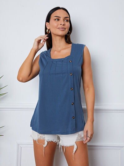 Square Neck Decorative Button Tank - TRENDMELO