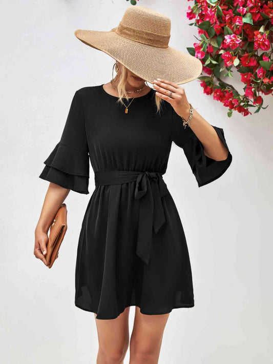 Round Neck Tie Belt Flounce Sleeve Dress - TRENDMELO