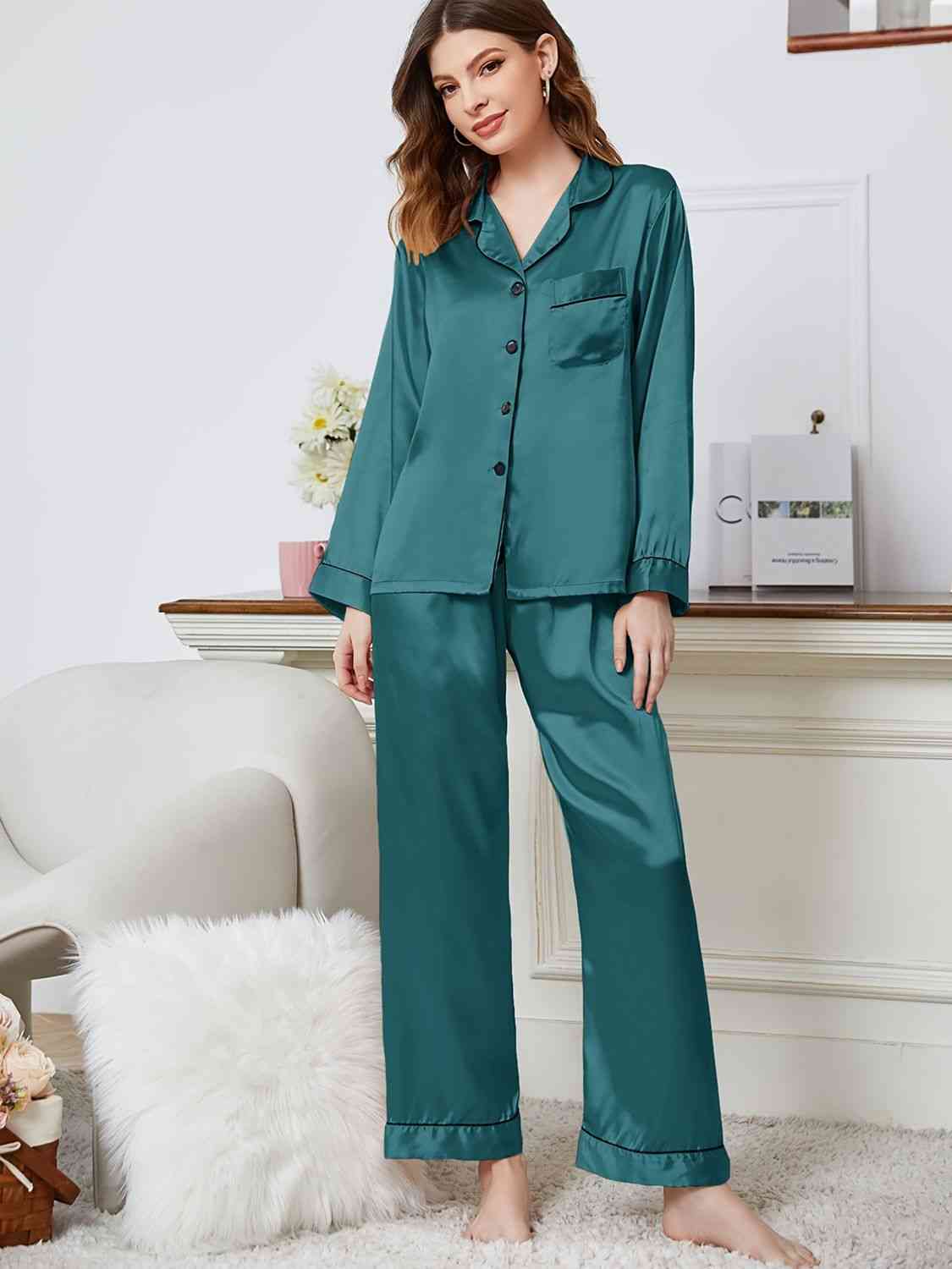 Lapel Collar Long Sleeve Top and Pants Pajama Set - TRENDMELO