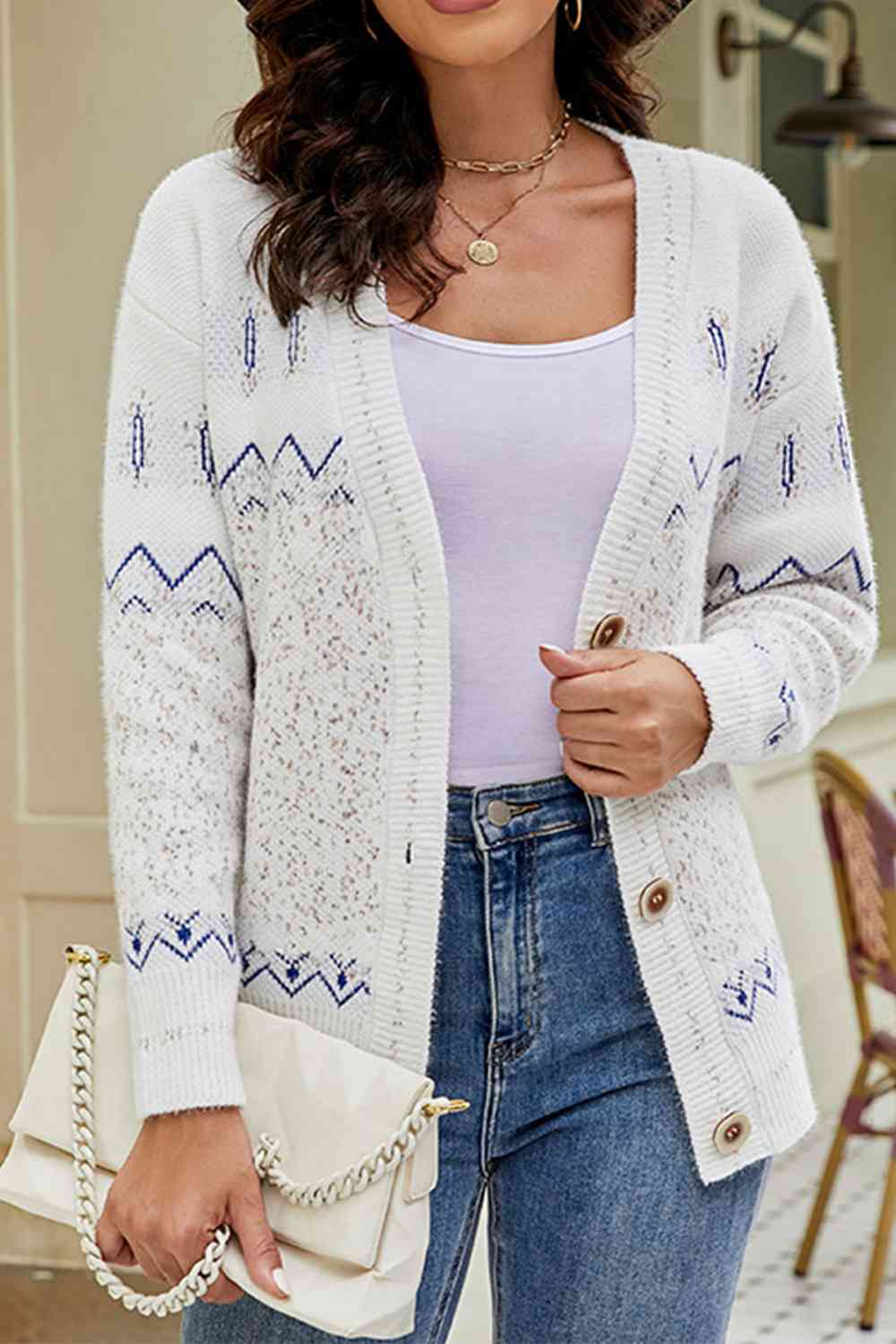 Printed V-Neck Buttoned Cardigan - TRENDMELO