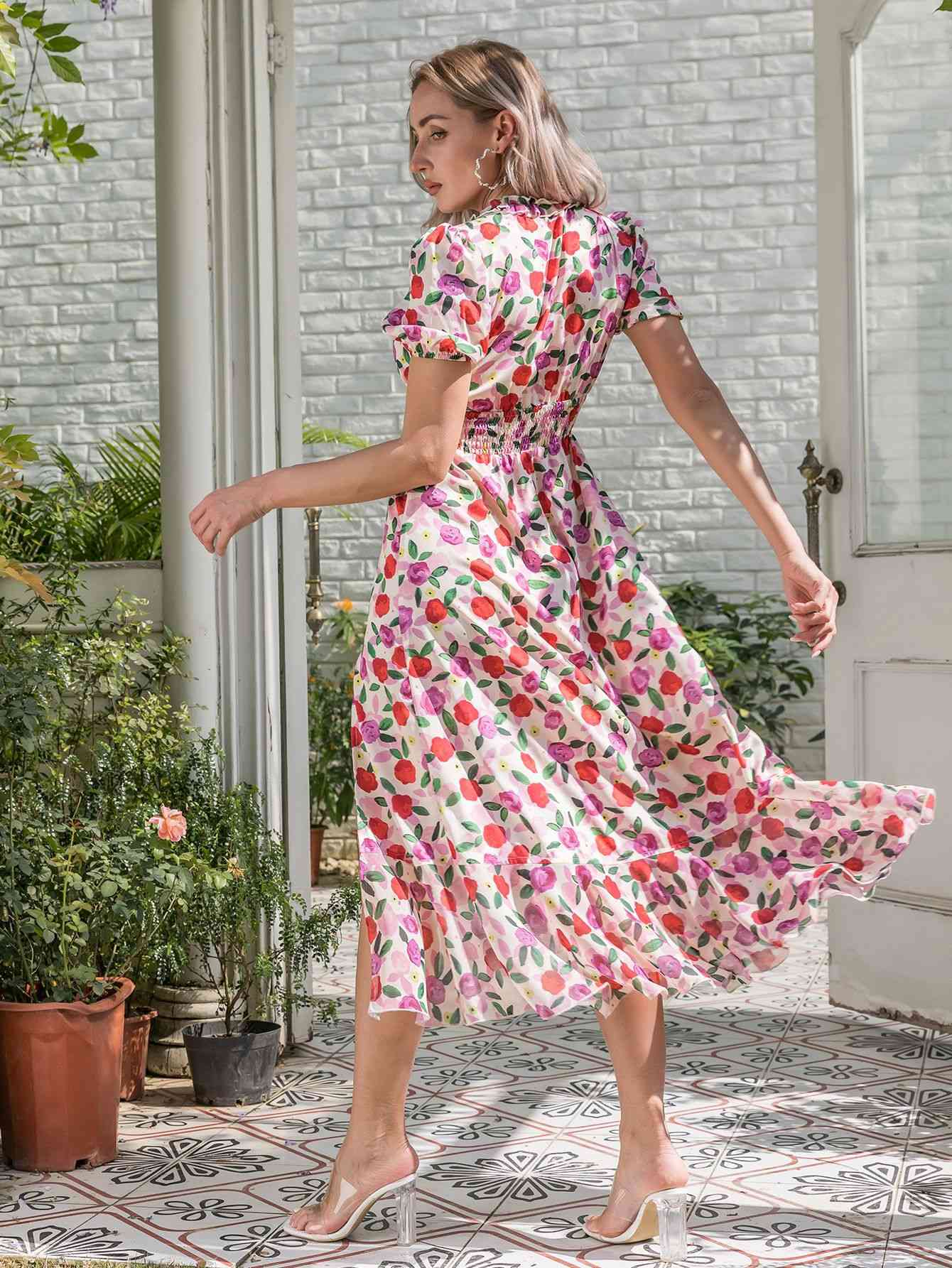 Floral Frill Trim Surplice Ruffle Hem Dress - TRENDMELO