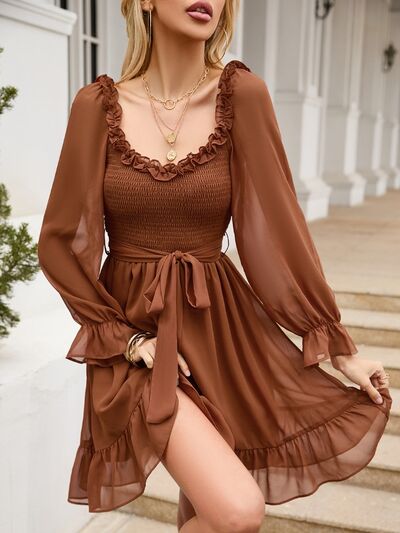 Tie Front Ruffle Hem Smocked Dress - TRENDMELO