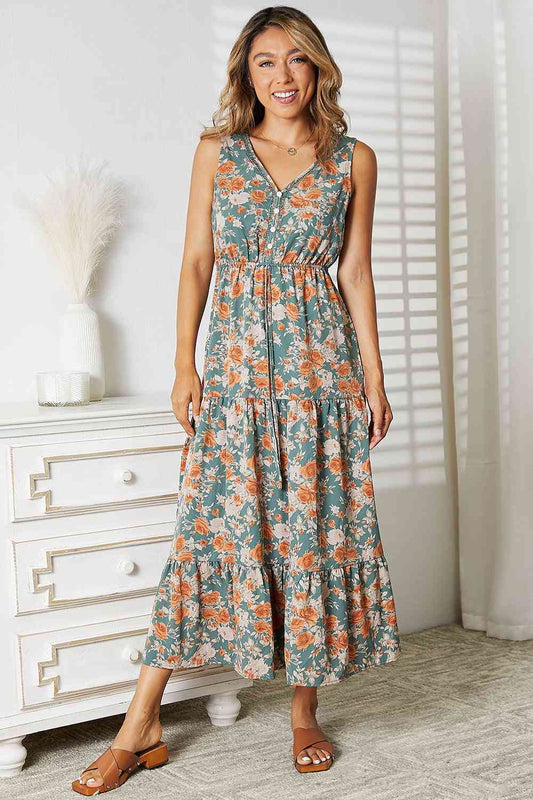 Double Take Floral V-Neck Tiered Sleeveless Dress - TRENDMELO