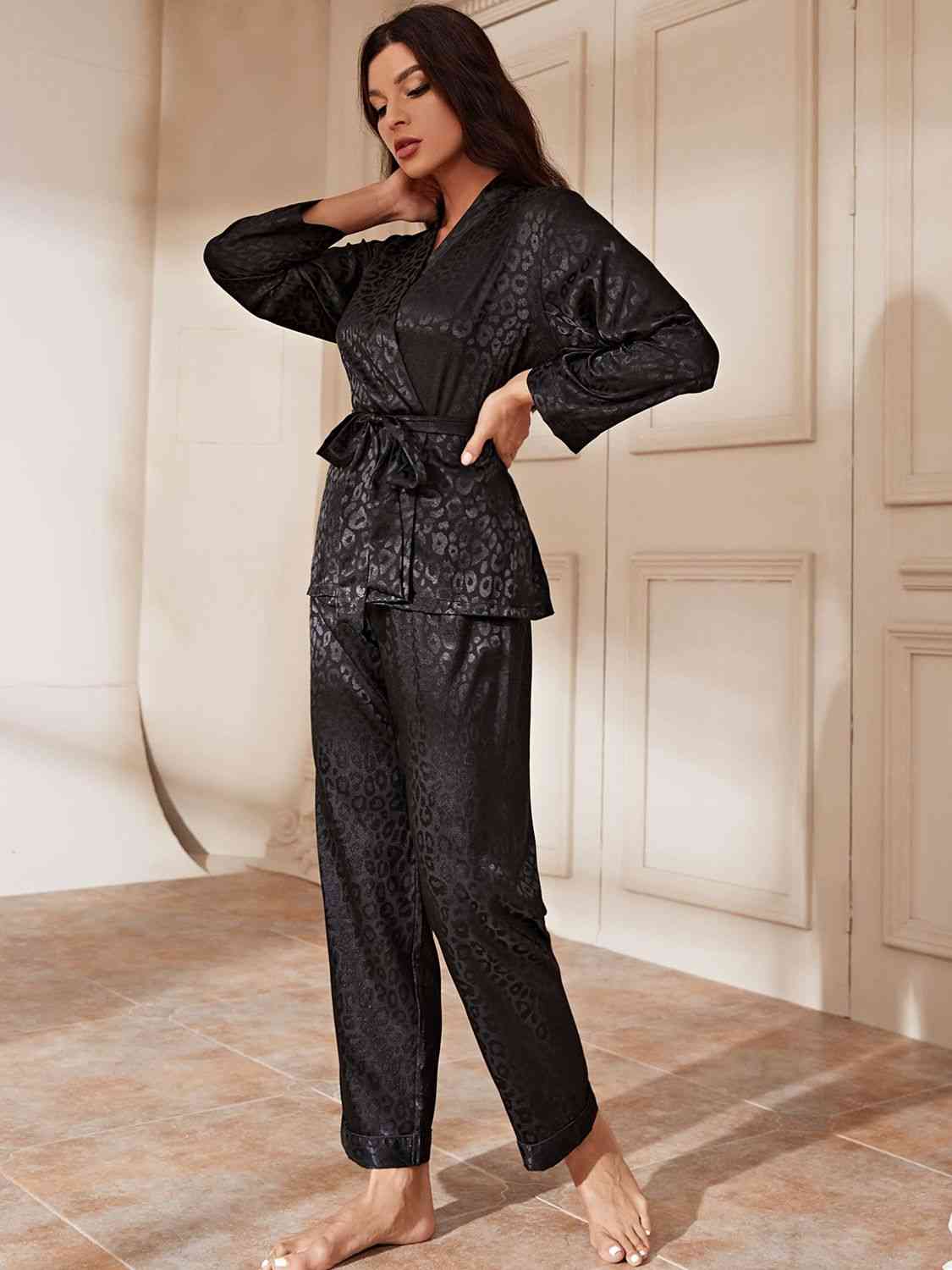 Surplice Neck Tie Waist Long Sleeve Blouse and Pants Pajama Set - TRENDMELO