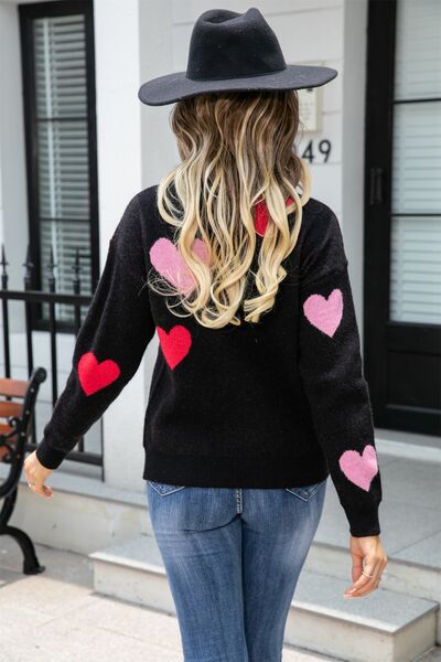 Heart Round Neck Droppped Shoulder Sweater - TRENDMELO