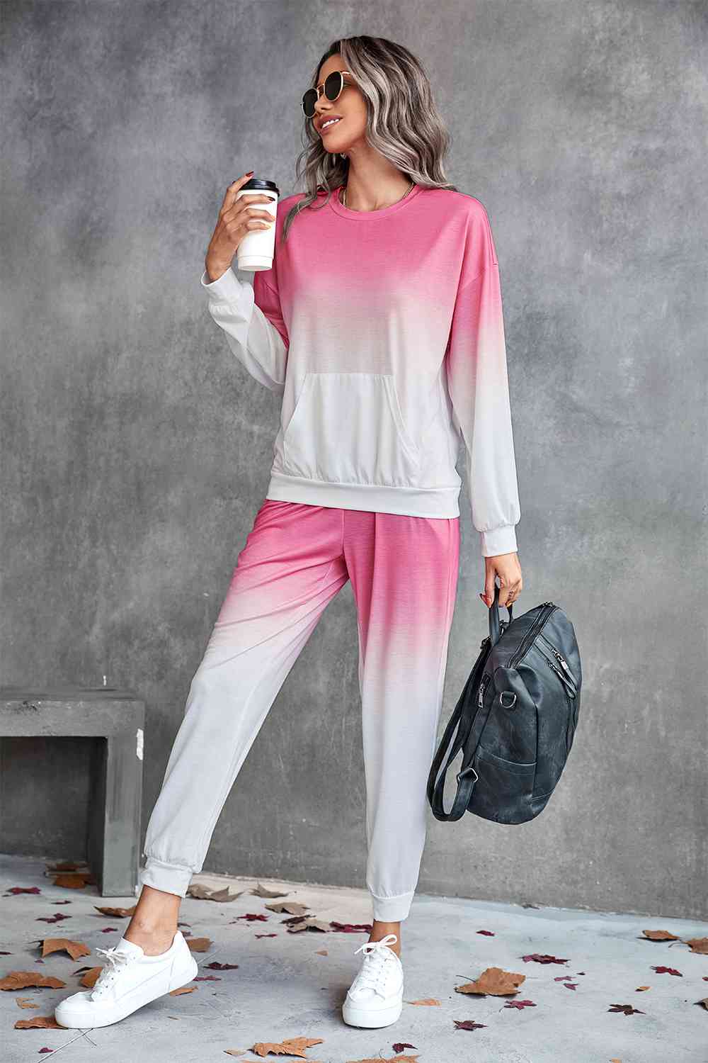 Gradient Round Neck Sweatshirt and Joggers Set - TRENDMELO