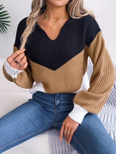 Color Block Dropped Shoulder Sweater - TRENDMELO