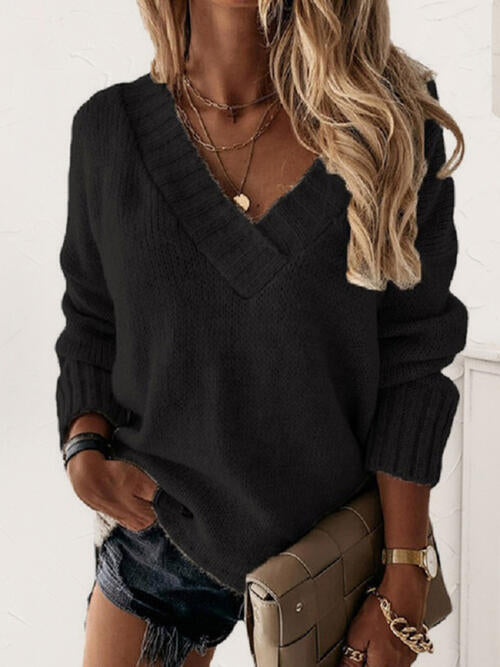 V-Neck Long Sleeve Knit Top - TRENDMELO