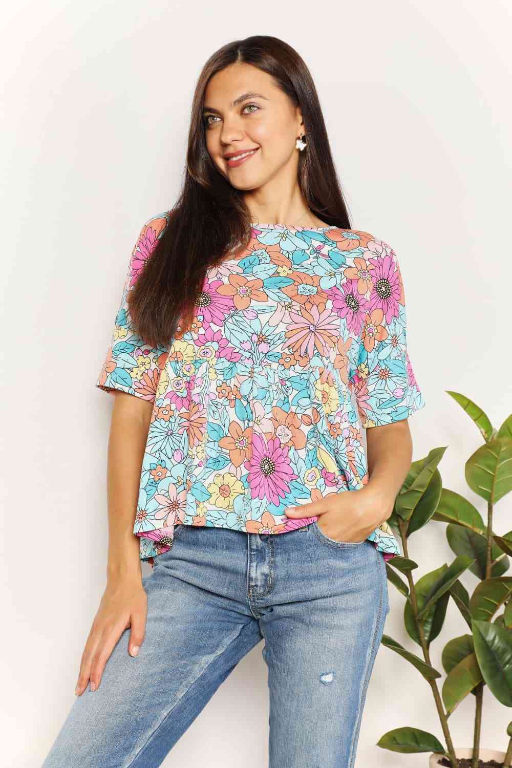 Double Take Floral Round Neck Babydoll Top - TRENDMELO